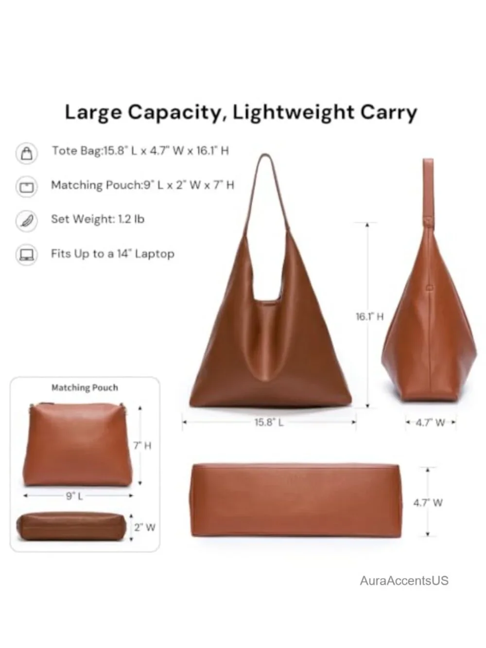 Slouchy Hobo Tote Bag Set Faux Leather Shoulder Bag Work Laptop
